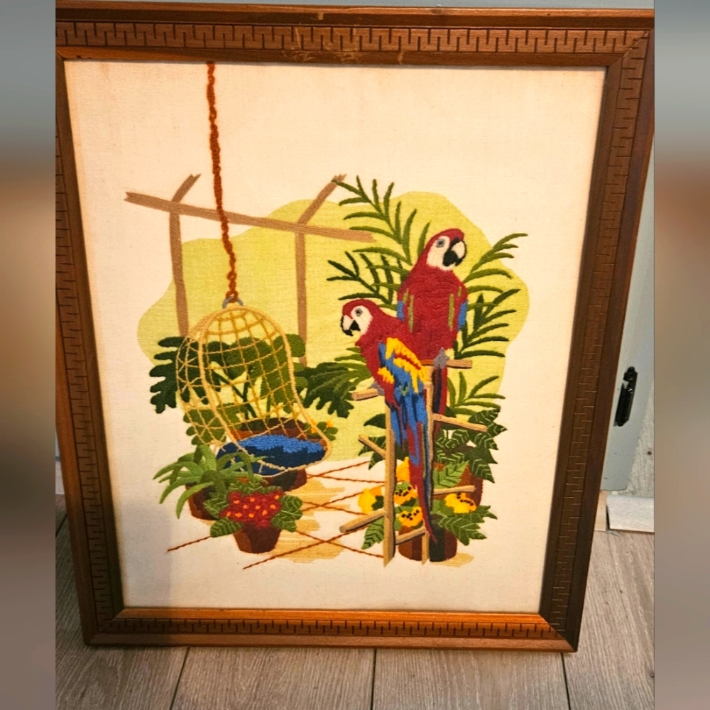 Vintage Custom Framed Tropical Paradise Boho Parrot Crewel Art 70s